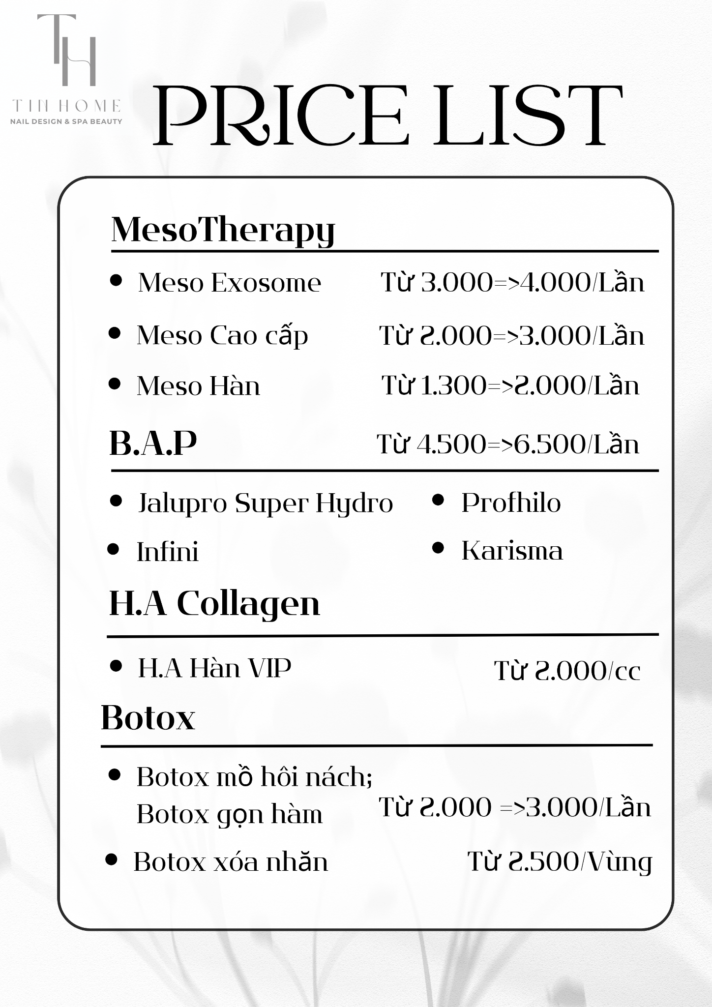 Bảng giá spa